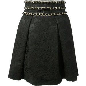 Couture Pleated Floral Lace Gold Chain Belt Hi Waist Skirt